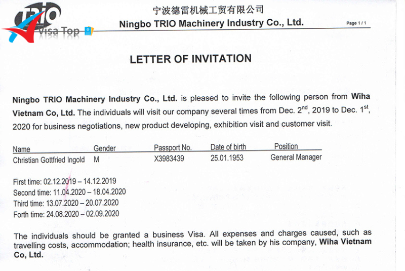 Thư mời xin visa công tác Trung Quốc